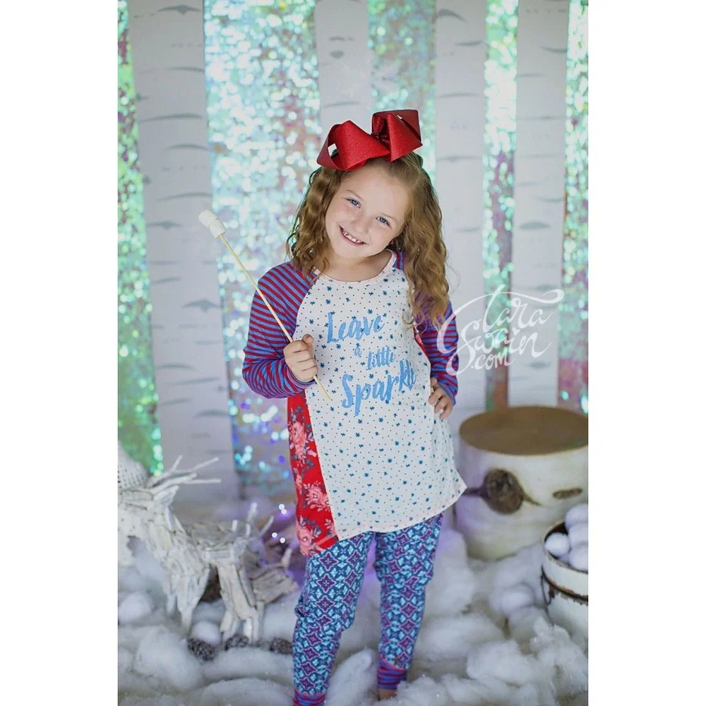 Matilda Jane Clothing Tween Girl Pajama Set Size‎ 8 Red Blue Sparkle Floral Snow